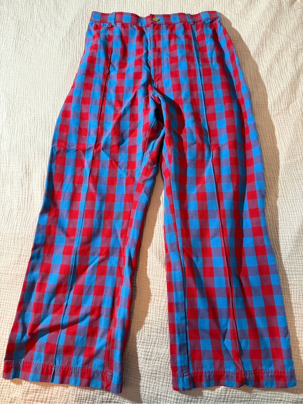 Big Bud Press Gingham Plaid Western Pants 100% Twill Cotton High Rise Red Blue